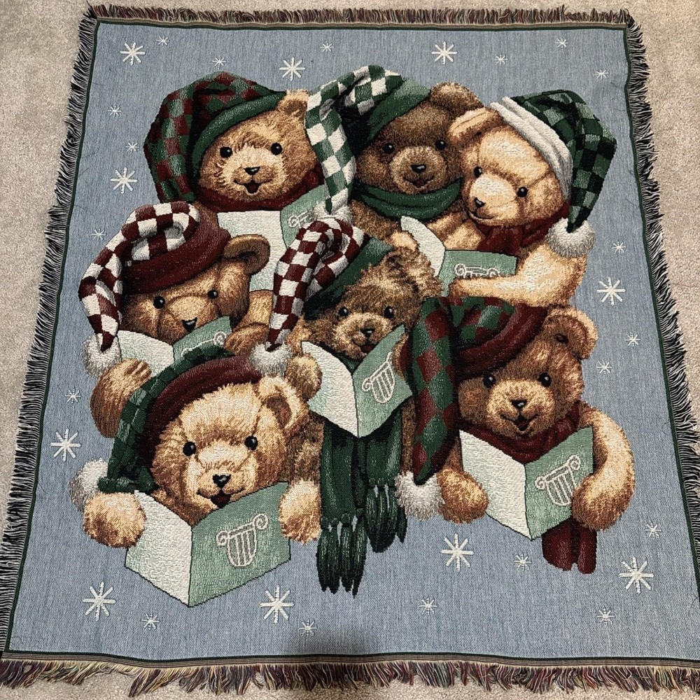 VTG Tapestry Sofa Throw Blanket‎ Christmas Teddy Bears Caroling Fringe Mohawk